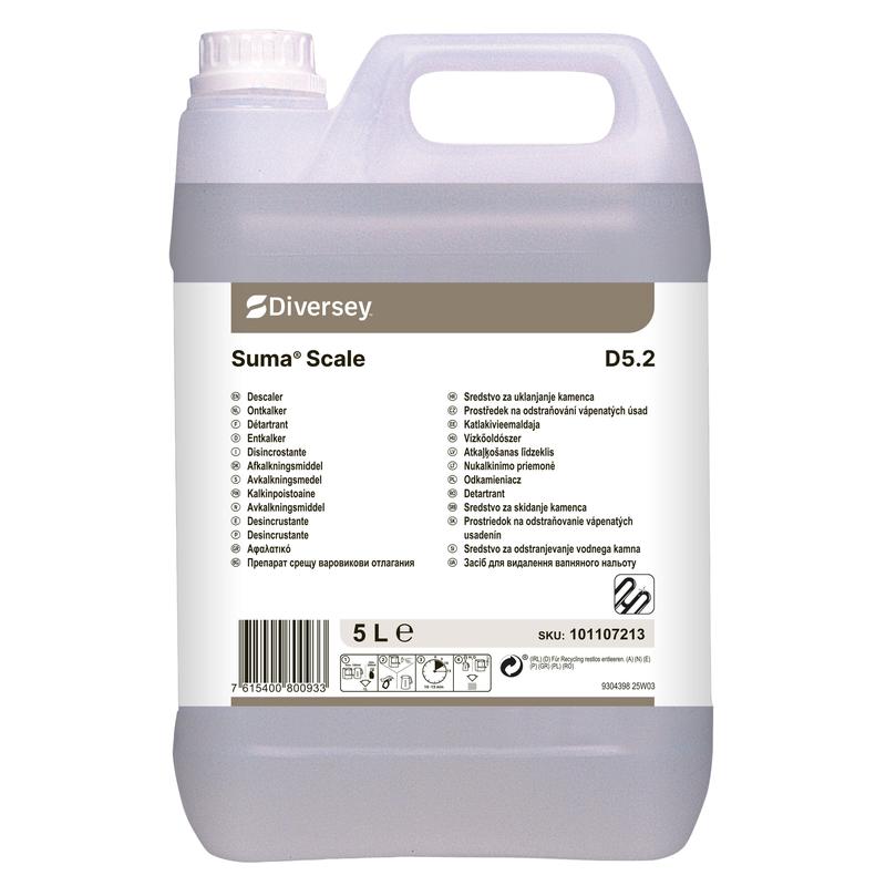 A 5-liter canister of Suma Scale D5.2 descaler from Diversey Deutschland GmbH & Co. OHG, for periodic use, with a multilingual label containing product information, instructions, barcode, and SKU number.