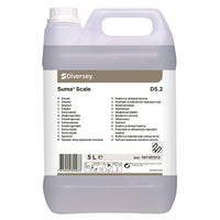 A 5-liter canister of Suma Scale D5.2 limescale remover from Diversey Deutschland GmbH & Co. OHG, intended for periodic use, with a multilingual label featuring product information, instructions, a barcode, and an SKU number.