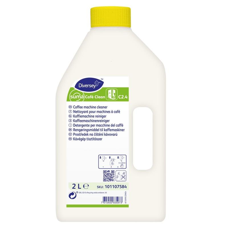 A white 2-liter plastic bottle "Suma Café Clean C2.4, Liquid Coffee Machine Cleaner, Chlorine-containing" from Diversey Deutschland GmbH & Co. OHG, with a yellow cap and a multilingual label for removing coffee fat and oil deposits.