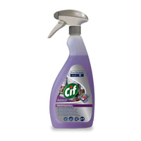A bottle of Cif Professional Safeguard 2-in-1 Disinfectant Cleaner by Diversey Deutschland GmbH & Co. OHG, featuring a spray nozzle and purple liquid; the label displays details, logos, and symbols, and claims to remove bacteria and viruses.