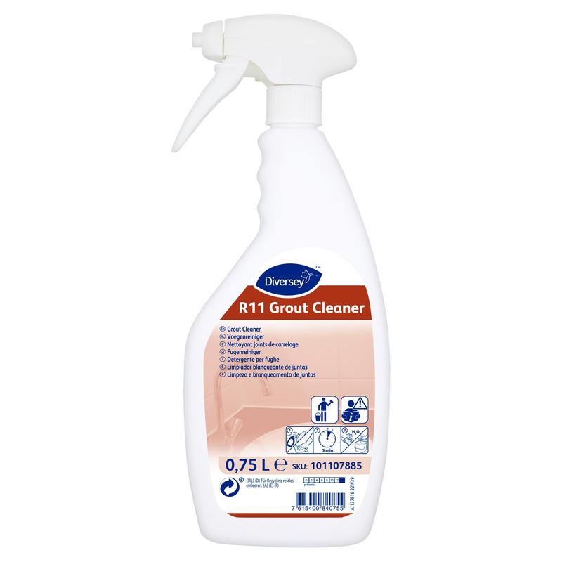 Die weiße 750 ml Sprühflasche "Room Care R11, Fugenreiniger und Schimmelentferner" von Diversey Deutschland GmbH & Co. OHG verfügt über einen ergonomischen Auslösegriff, eine leistungsstarke Formel und ein mehrsprachiges Etikett mit Verwendungs- und Sicherheitssymbolen.