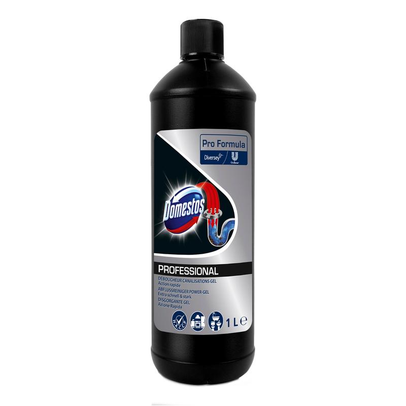 Eine schwarze 1-Liter-Flasche DOMESTOS Professional Abflussreiniger Power-Gel von Diversey Deutschland GmbH & Co. OHG mit blau-silbernem Etikett - ideal als kraftvoller Abflussreiniger (Rohrfrei) zur effektiven Beseitigung von Verstopfungen.