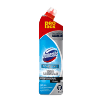 Eine 1-Liter-Flasche DOMESTOS Professional WC Reiniger Ocean von Diversey Deutschland GmbH & Co. OHG, mit rotem Winkelverschluss und "PRO pack"-Etikett, entfernt effektiv Kalk und Urinstein und fördert gleichzeitig Hygiene und Schutz.