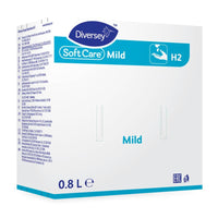 A white-and-blue box labeled "Diversey Soft Care Mild" (800 ml) by Diversey Deutschland GmbH & Co. OHG features a hand-washing symbol and promotes the mild soap lotion for hand cleansing.