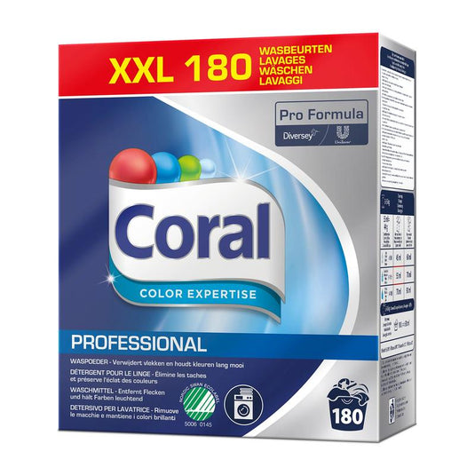 A can of Coral Professional Color Expertise Color Detergent (180 washes, 8 kg of powder) from Diversey Deutschland GmbH & Co. OHG, featuring Pro Formula branding and a blue design, provides color and fiber protection for vibrant colors.