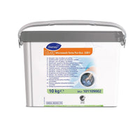 A white 10-kg plastic container of Clax Microwash forte Pur-Eco detergent for microfibers (environmentally certified) from Diversey Deutschland GmbH & Co. OHG, with a gray handle and lid, features product information and usage instructions on the front.