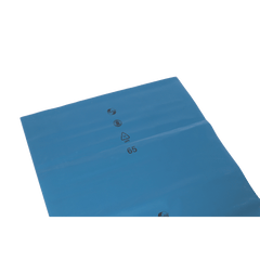 A close-up of a blue plastic sheet, DEISS 10128, manufactured by EMIL DEISS KG (GmbH + Co.), measuring 700 x 1100 x 0.2 mm, which is frequently used for trash bags, shows recycling symbols printed in black and the number 65 on a white background.
