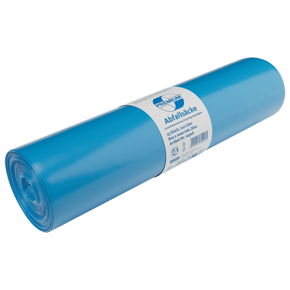 Eine Rolle DEISS 10306 Müllsäcke (800x1000 mm, Typ 70, blau, 25 Stück) von EMIL DEISS KG (GmbH + Co.) mit blau-weißem Etikett, ideal für die gewerbliche Abfallentsorgung, abgebildet auf weißem Hintergrund.