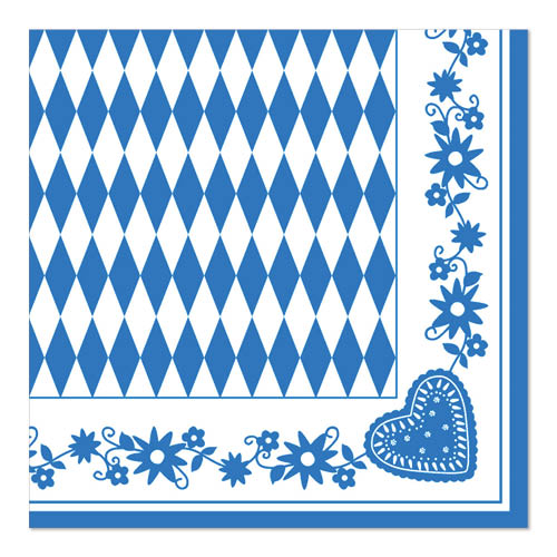 Les serviettes PAPSTAR 1/4 pli, 40x40 cm bleu, "Bayrisch Blau" de PAPSTAR GmbH ont un centre en losange bleu-blanc avec une bordure de fleurs et de cœurs bleus - des serviettes bavaroises idéales pour l'Oktoberfest (50 pièces).
