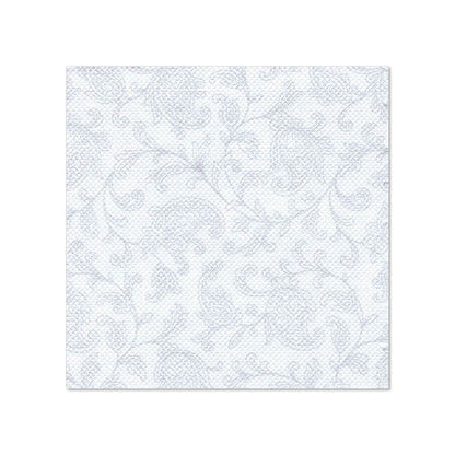 Eine quadratische weiße Serviette im Format 25 x 25 cm aus der ROYAL Collection der PAPSTAR GmbH mit dezentem hellblauem Blumen- und Blätterdruck; verkauft als „PAPSTAR 20 Servietten 'ROYAL Collection' 1/4-Falz“. Auf schlichtem weißem Hintergrund.