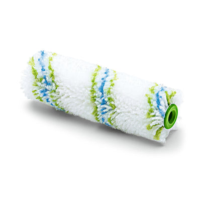 Nahaufnahme der Nölle Profi Brush Meisterflor Kleinflächenwalze 10 cm / Ø 17 mm von Nölle Profi Brush Bürsten- & Pinseltechnik e.K., weißes flauschiges Material mit blauen und grünen Streifen, ideal für präzises Arbeiten auf kleinen Flächen.