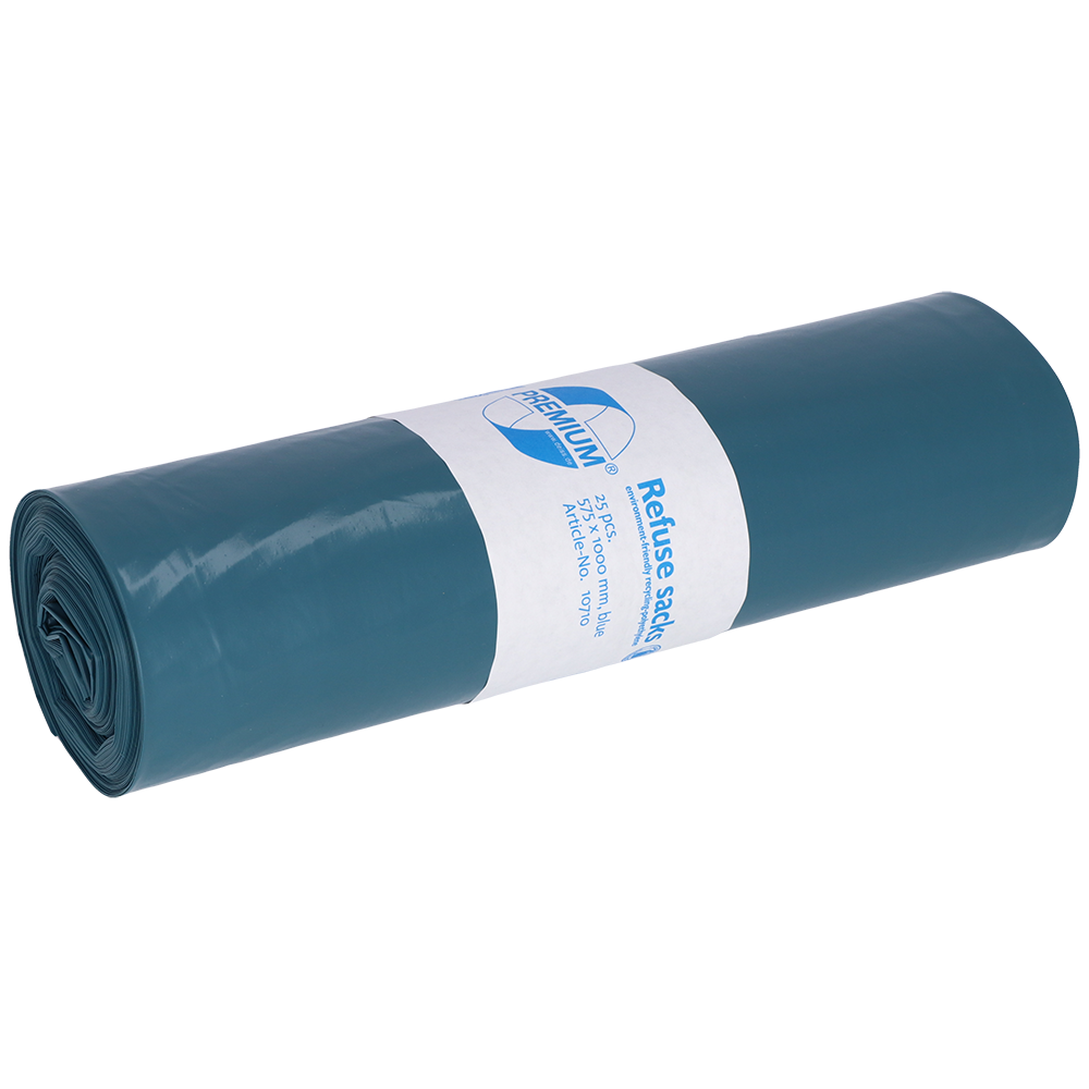 A tightly rolled bundle of blue DEISS garbage bags 575x1000x0.05 mm made from recycled LDPE 70 l by EMIL DEISS KG (GmbH + Co.) with a white label in the middle showing the product information.
