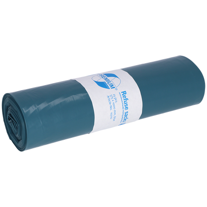 A tightly rolled bundle of blue DEISS garbage bags 575x1000x0.05 mm made from recycled LDPE 70 l by EMIL DEISS KG (GmbH + Co.) with a white label in the middle showing the product information.