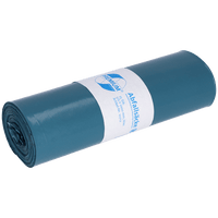 A rolled-up blue DEISS trash bag (70 l, 575x1000x0.06 mm, recycled LDPE) from EMIL DEISS KG (GmbH + Co.) features a white label with a logo that highlights its ease of disposal against a solid-color background.