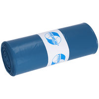Ein dicht gerollter blauer Kunststoffsack der EMIL DEISS KG (GmbH + Co.) mit der Aufschrift "PREMIUM" und einem Recycling-Symbol. Die DEISS Müllsäcke 575x1000x0,01 mm aus LDPE 70 l eignen sich hervorragend für eine effiziente und umweltfreundliche Abfallentsorgung. Einfarbig weißer Hintergrund.