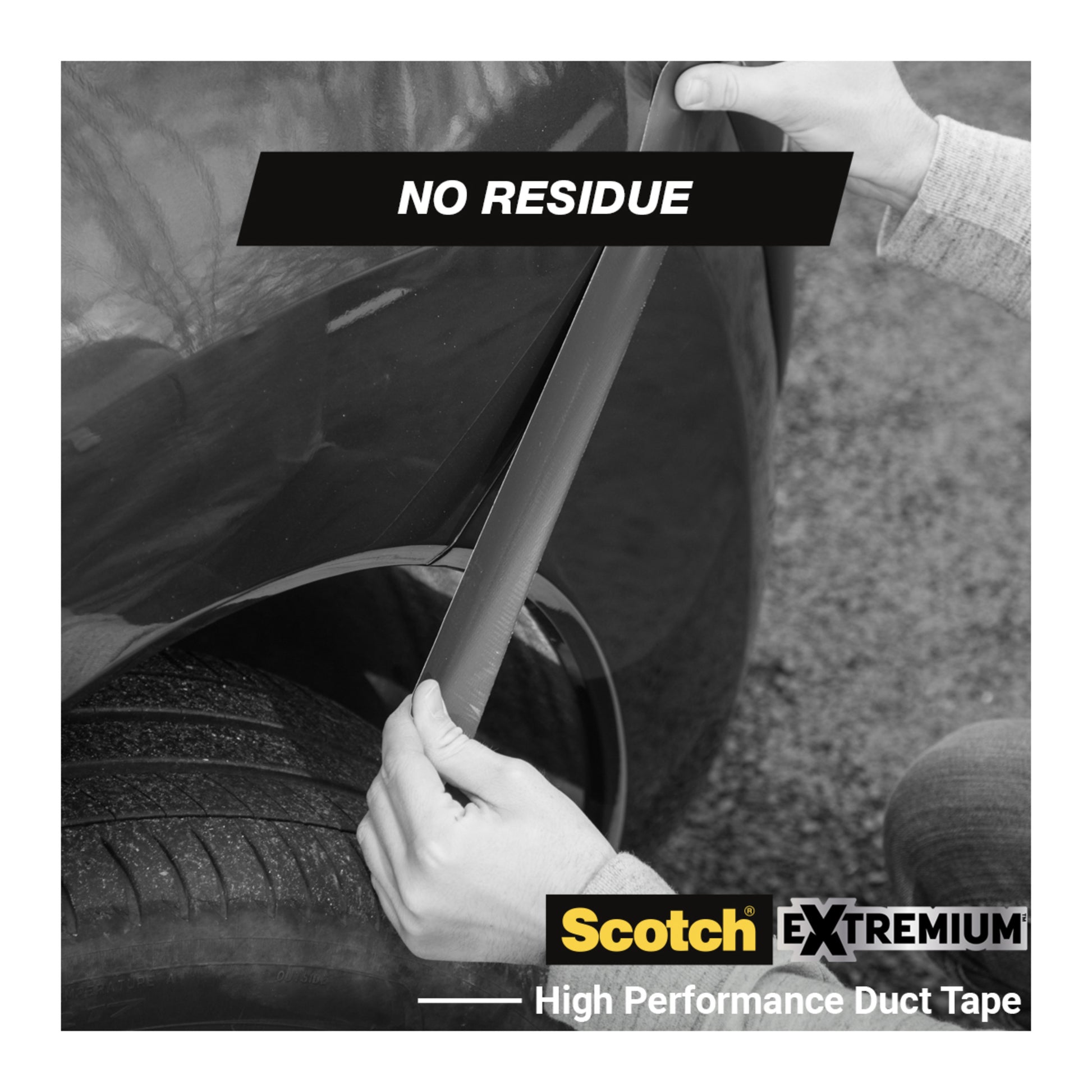 Eine Person zieht schwarzes Klebeband vom Radkasten eines Autos ab. Darüber steht "NO RESIDUE" und hebt das 3M Deutschland GmbH Scotch® Extremium™ No Residue Hochleistungs-Gewebeklebeband, 18,2 m x 48 mm hervor. Die Abbildung ist in fettgedrucktem Schwarz-Weiß gehalten.
