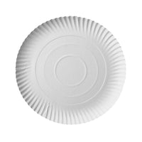 The PAPSTAR GmbH 29 50 "pure" Round Paper Plates - White is a simple, round, white paper plate with a fluted rim and concentric circles, photographed against a white background. Perfect as an eco-friendly 29 cm plate for any occasion.