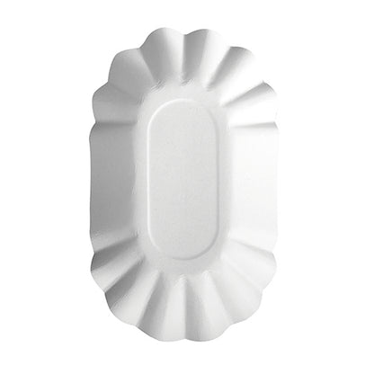 Der ovale weiße Einwegteller "pure" der PAPSTAR GmbH (PAPSTAR 250 Schalen) ist FSC-zertifiziert, hat einen geriffelten Rand und ist von oben auf einem unifarbenen Untergrund abgebildet.