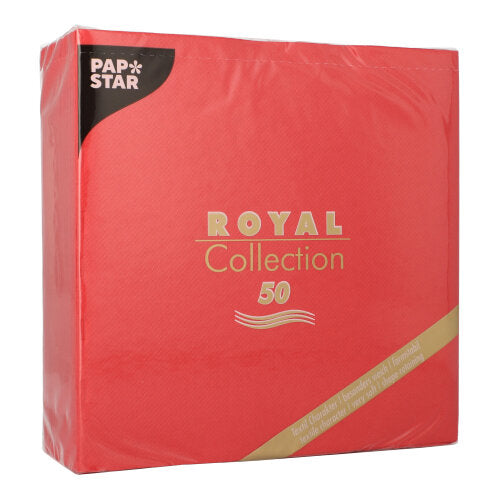 Eine rote Packung PAPSTAR 50 Servietten "ROYAL Collection" 1/4-Falz 40x40 cm rot von PAPSTAR GmbH, mit Marken- und Kollektionsangaben in Gold und Weiß auf der Vorderseite.