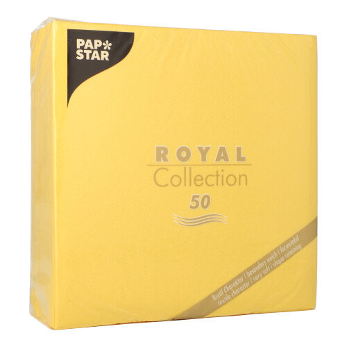 Eine gelbe Verpackung der PAPSTAR GmbH mit der Aufschrift "50 Servietten ROYAL Collection 1/4-Falz 40 x 40 cm gelb" enthält 50 Servietten mit goldenen und schwarzen Akzenten und Text in der unteren Ecke.