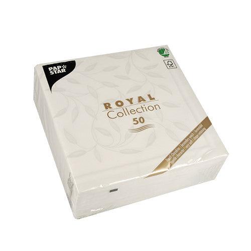 Eine versiegelte Packung mit 50 weißen PAPSTAR "ROYAL Collection" Servietten (40 x 40 cm, 1/4-Faltung) der PAPSTAR GmbH. Die meist weiße Verpackung ist mit goldenem und schwarzem Text sowie einem grünen Zertifizierungslogo in der rechten oberen Ecke versehen.