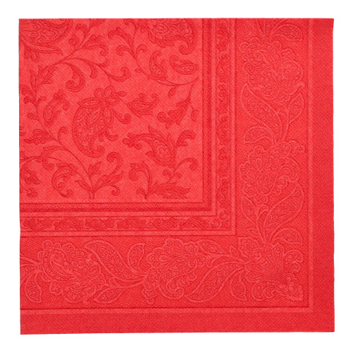 Eine rote Papierserviette der PAPSTAR GmbH, "ROYAL Collection" (40 x 40 cm, 1/4-Falz), mit geprägtem Blumenmuster und dekorativer Bordüre - eine von 50 hochwertigen Servietten für den elegant gedeckten Tisch.
