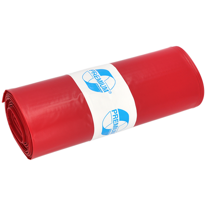 Ein eng gerolltes Bündel DEISS Müllsäcke 575x1000x0,01 mm aus LDPE 70 l der EMIL DEISS KG (GmbH + Co.), mit einem weiß-blauen "PREMIUM"-Etikett in der Mitte, steht vor einem schlichten weißen Hintergrund.