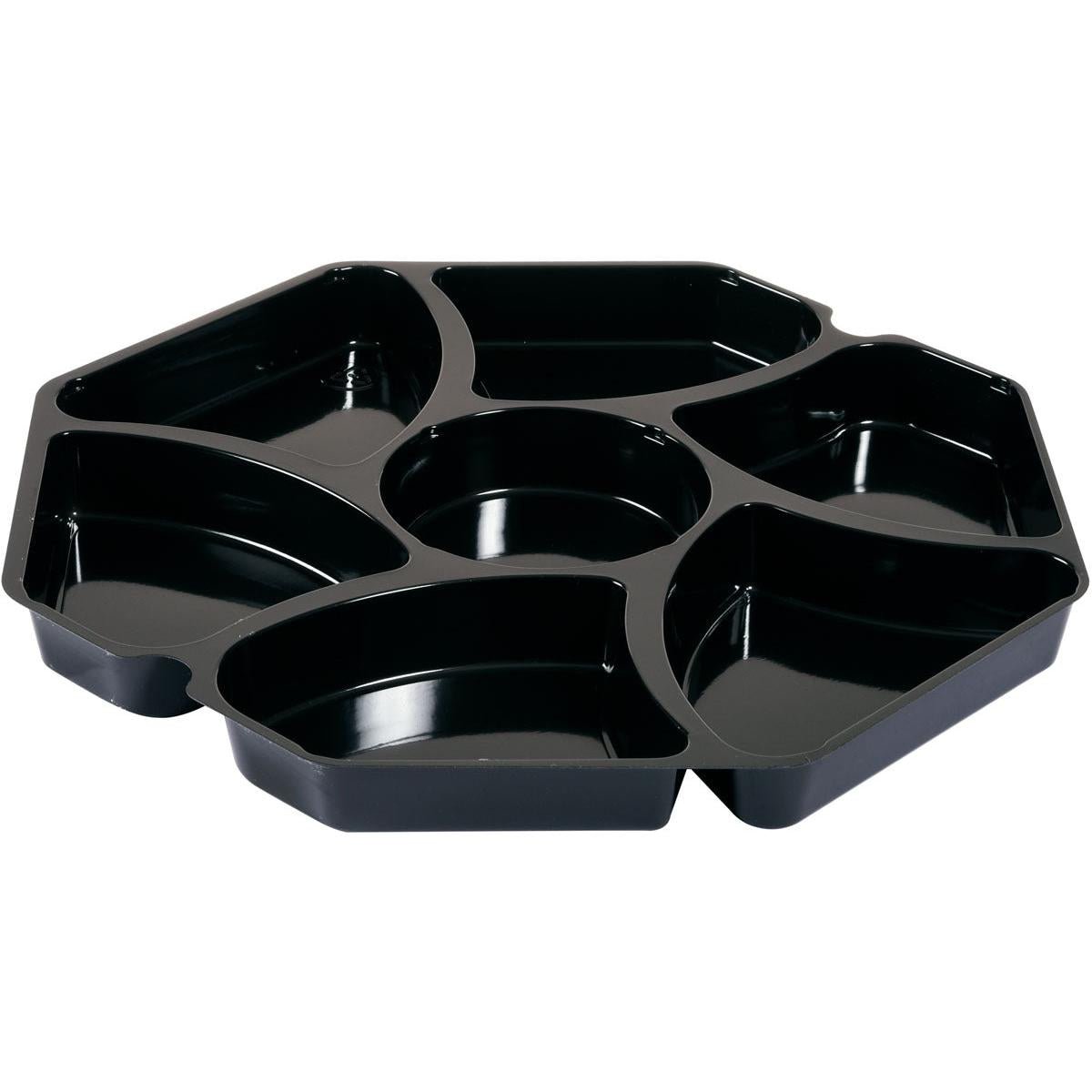 The Octaview® insert 149873/149874 from Duni GmbH is a black polystyrene tray (284x284x25 mm) with seven compartments: one round central part and six surrounding wedges. The package contains 150 pieces.