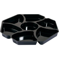 The Octaview® insert 149873/149874 from Duni GmbH is a black polystyrene tray (284x284x25 mm) with seven compartments: a round center section and six surrounding wedges. The package contains 150 pieces.