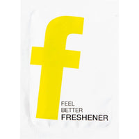 A bold, yellow lowercase "f" is centered on a white background, with "FEEL BETTER FRESHENER" in black below it—perfect for the refreshing wipes from Duni GmbH, 71x51 mm, neutral wipes for on the go, pack of 1,000.