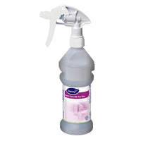 The Room Care R9 Plus Pur-Eco spray bottle, empty, from Diversey Deutschland GmbH & Co. OHG, features a white trigger and a purple-and-white label with cleaning pictograms—ideal for eco-friendly cleaning.