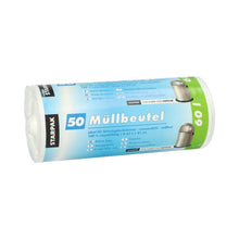 Eine Rolle mit 50 Starpak Müllbeuteln, weißen HDPE-Säcken (60 l, 81 x 63 cm), mit deutscher Beschriftung und verpackt in einer Hülle mit Starpak-Logo.
