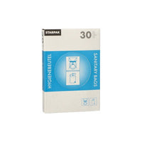 Der Starpak Spenderkarton enthält 30 weiße Hygienebeutel (28,5 x 8 x 7 cm) mit blau-weißer Verpackung, der Aufschrift „HYGIENEBEUTEL“ und „SANITARY BAGS“, mit Anleitungen und Mülleimer-Abbildungen auf der Vorderseite.