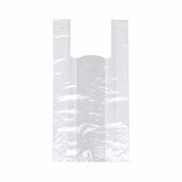 Una busta trasparente Starpak 250 per camicette (HDPE, 48x22x12 cm), del tipo con nodi e manici, è disposta distesa su uno sfondo bianco semplice.