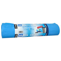 Un rouleau de 50 sacs poubelle bleus en PEHD Starpak (120 l, 110 x 70 cm) comportant une étiquette en allemand et en anglais (« 50 Müllsäcke », « 50 Bin sacks »), l'image d'une poubelle et des informations sur les additifs biodégradables.
