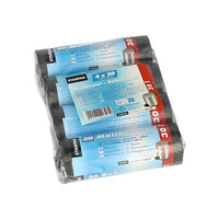 Quattro rotoli di sacchetti per rifiuti Starpak 80, sacchetti in LDPE grigi da 30 l (60 cm x 50 cm, 80 pezzi) in confezione trasparente con etichette multilingue blu e rosse e l’immagine di un bidone della spazzatura sul davanti.