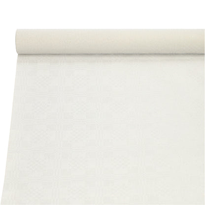 La nappe en papier avec gaufrage damassé (10 m x 1 m) de la PAPSTAR GmbH est partiellement déroulée sur un fond blanc et présente un motif géométrique carré discret et clair.