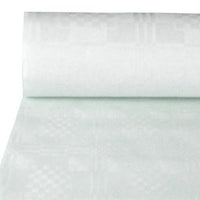Le gros plan sur le PAPSTAR GmbH Nappe en papier à motif damassé, 100 m x 1 m, blanche | Film (1 rouleau), présentant un subtil motif damassé géométrique sur la surface blanche.