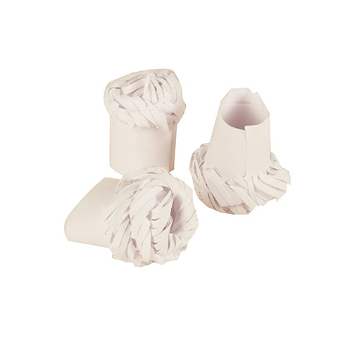 Three white PAPSTAR poultry frills (1.8 cm) from PAPSTAR GmbH stand on a white background - two upright, one on its side with ruffled edges. Ideal for festive dishes; folding box contains 100 pieces.