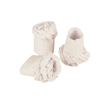 Three white PAPSTAR poultry frills (1.8 cm) from PAPSTAR GmbH stand on a white background - two upright, one on its side with ruffled edges. Ideal for festive dishes; folding box contains 100 pieces.