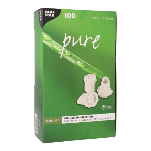 A green box from PAPSTAR GmbH with the inscription "pure" contains 100 white poultry frills (1.8 cm), ideal for festive poultry dishes. The German/French packaging shows two frill images, a green stem with water droplets, and the product dimensions.