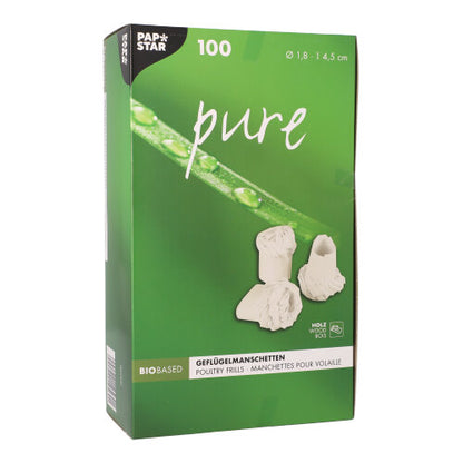 A green box from PAPSTAR GmbH with the inscription "pure" contains 100 white poultry frills (1.8 cm), ideal for festive poultry dishes. The German/French packaging shows two frill images, a green stem with water droplets, and the product dimensions.