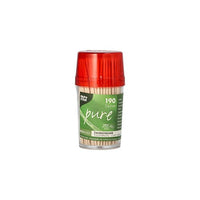 Il PAPSTAR Il dispenser GmbH contiene 190 stuzzicadenti rotondi in legno "pure", lunghi 6,5 cm ciascuno, contenuti in un barattolo trasparente con coperchio rosso ed etichetta verde.