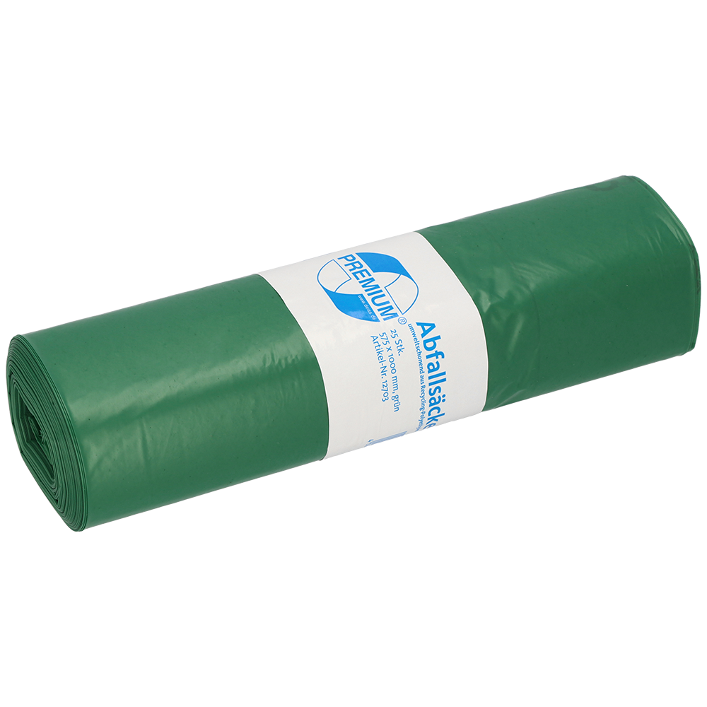 Eine Rolle DEISS 12703 Müllsäcke (575x1000 mm, Typ 60, grün, 25 Stück) von EMIL DEISS KG (GmbH + Co.) mit weiß-blauem Etikett und sauber umgeschlagenen Enden. Ideal für effizientes Abfallmanagement. Einfarbig weißer Hintergrund.