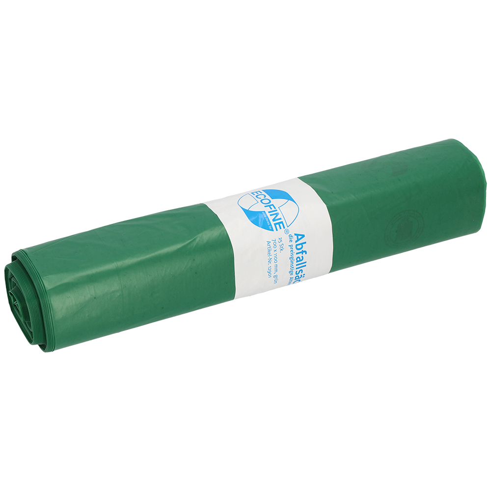 Un sacco per rifiuti verde DEISS ECOFINE® 13900 arrotolato (120L, LDPE/LLDPE riciclato) di EMIL DEISS KG, con etichetta bianco-blu, su sfondo bianco uniforme - ideale per lo smaltimento ecologico dei rifiuti.