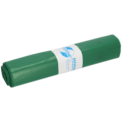 Un sacco per rifiuti verde DEISS ECOFINE® 13900 arrotolato (120L, LDPE/LLDPE riciclato) di EMIL DEISS KG, con etichetta bianco-blu, su sfondo bianco uniforme - ideale per lo smaltimento ecologico dei rifiuti.