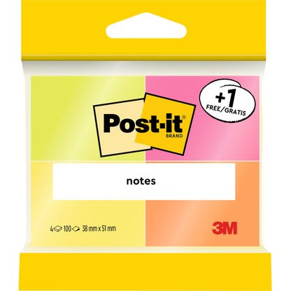 Eine Packung Post-it® Notes, 38x51 mm, in verschiedenen Neonfarben von 3M Deutschland GmbH; enthält 3 Blöcke à 100 Blatt plus 1 Gratisblatt, hergestellt aus 100% PEFC-zertifiziertem Papier (SGSCH-PEFC-COC-110078), Aktionsangebot.