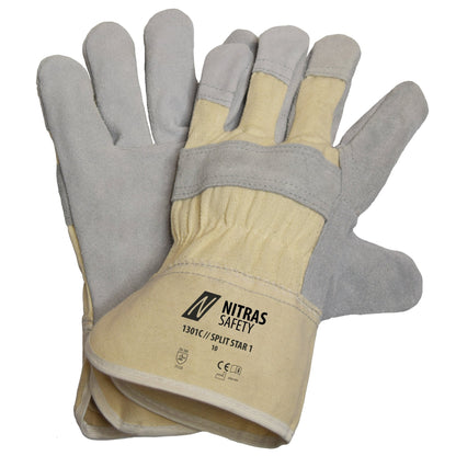 NITRAS SPLIT STAR 1, Rindspaltlederhandschuhe, naturfarben / grau, EN 388 Baumwolle, Größe 10 | Packung (12 Paare)