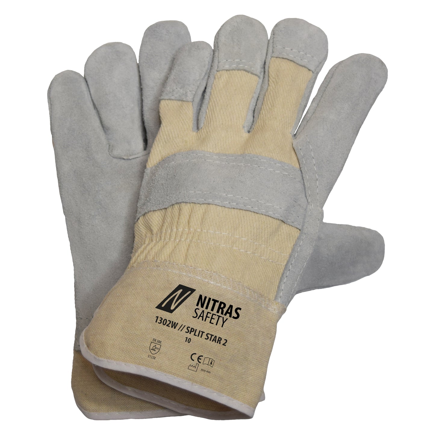 NITRAS SPLIT STAR 2, Rindspaltlederhandschuhe, naturfarben / grau, EN 388 Baumwolle | Packung (12 Paare)