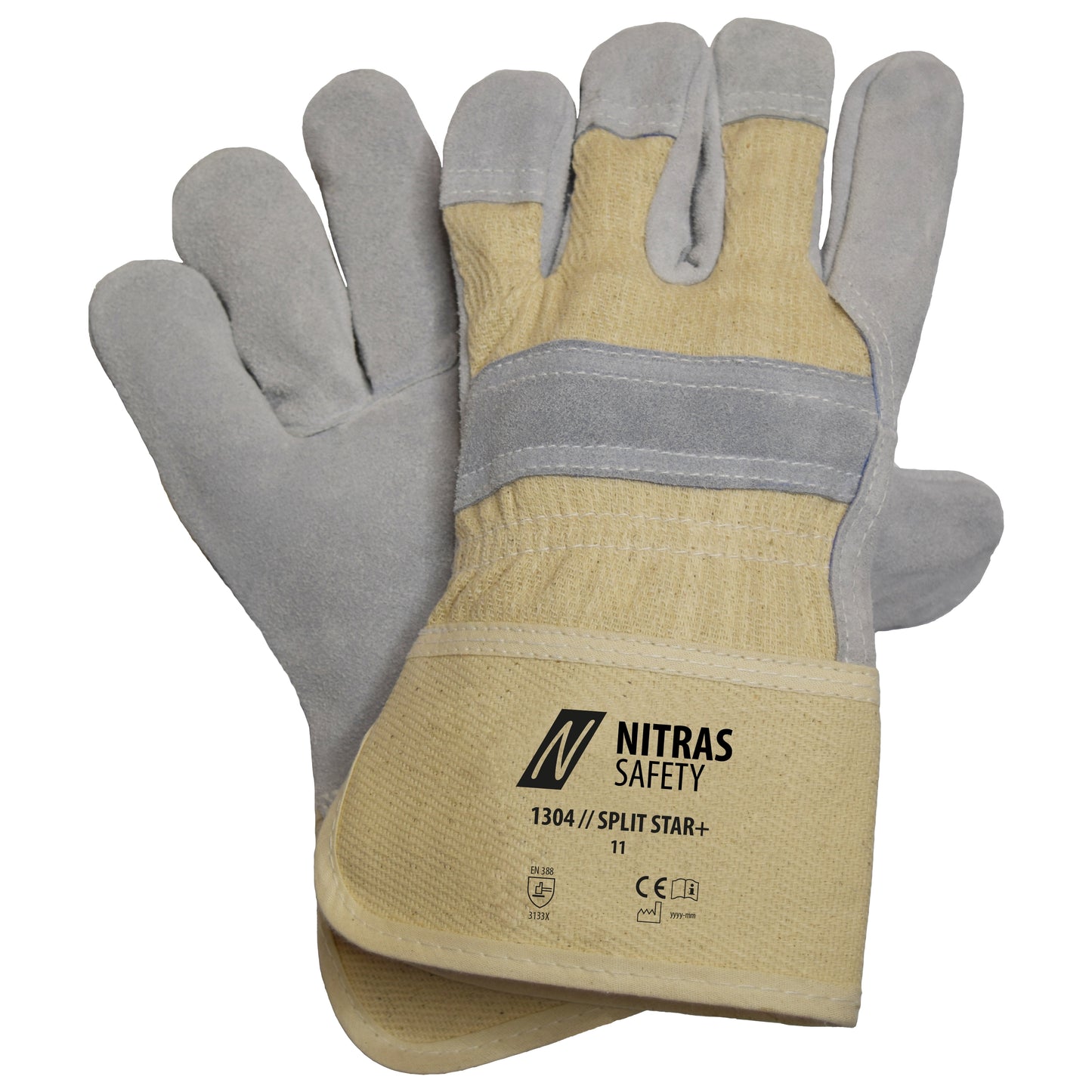 NITRAS SPLIT STAR+, Rindspaltlederhandschuhe, naturfarben / grau, EN 388 Baumwolle | Packung (12 Paare)